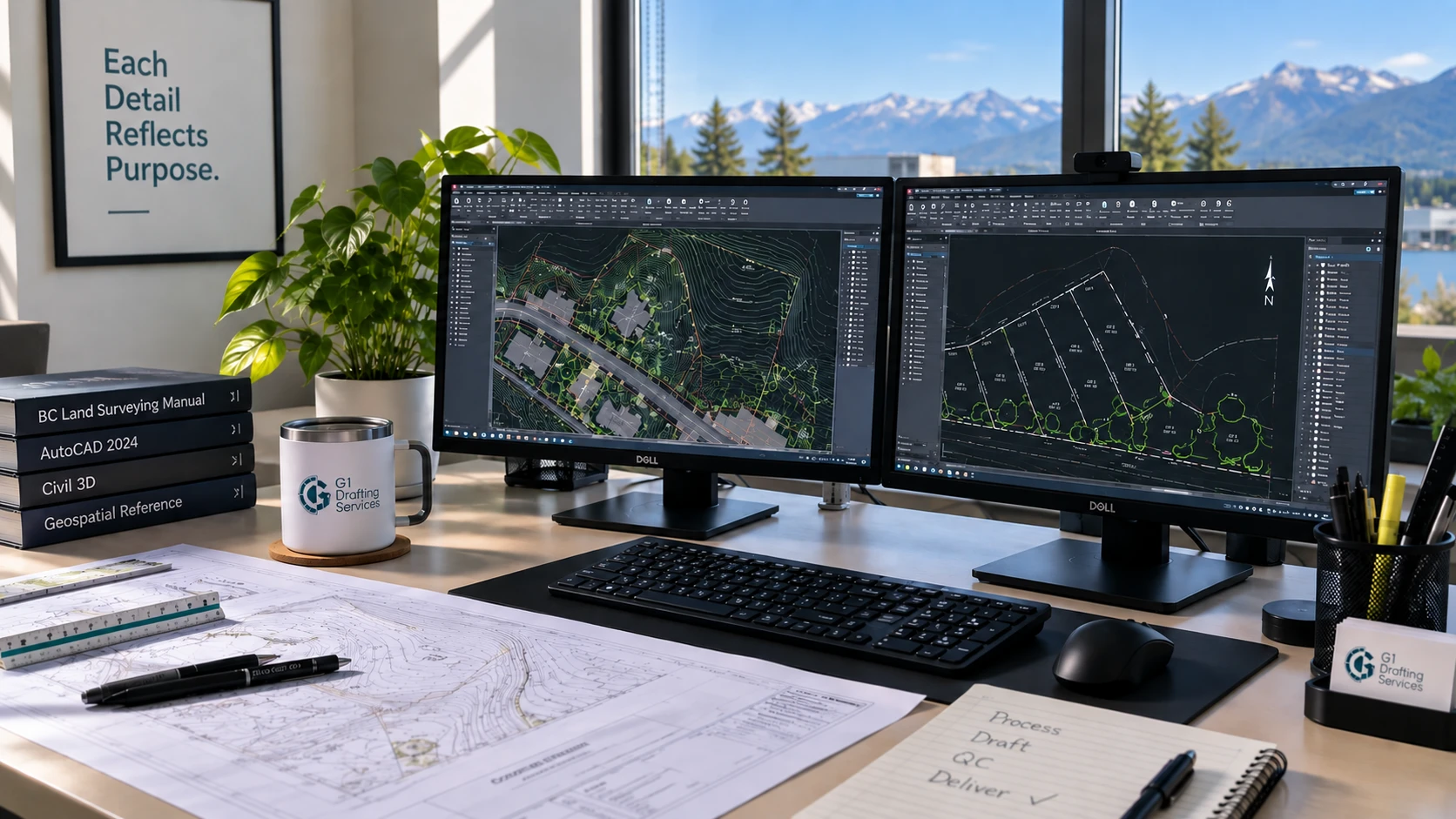 G1 Drafting Services workstation with dual monitors showing land survey CAD drawings