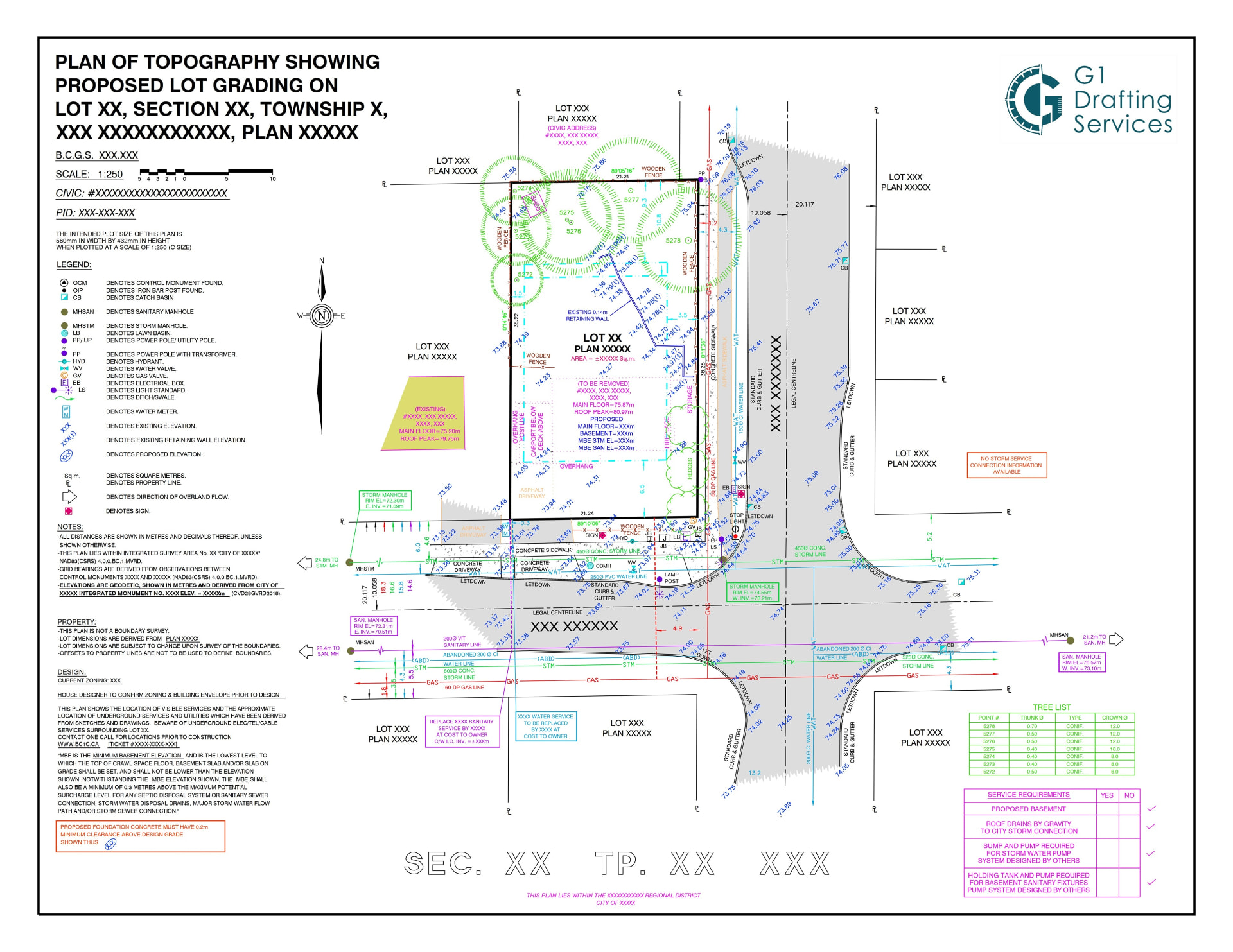 Topographic & Proposed Lot Grading drawing by G1 Drafting Services